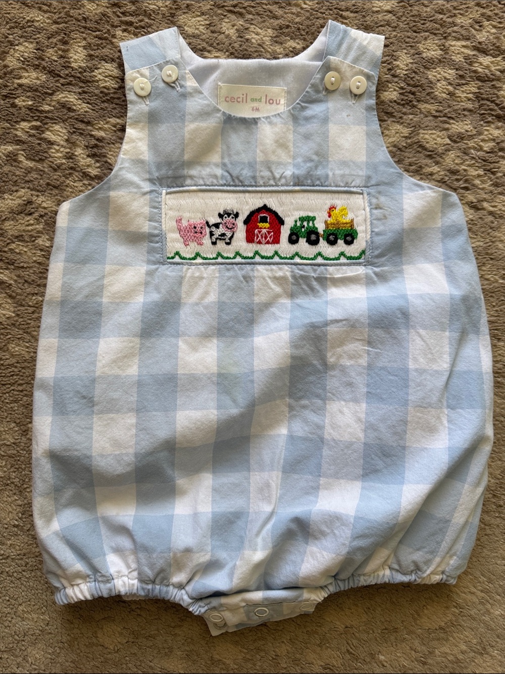 Cecil and Lou Light Blue Gingham Smocked Barnyard Bubble Romper